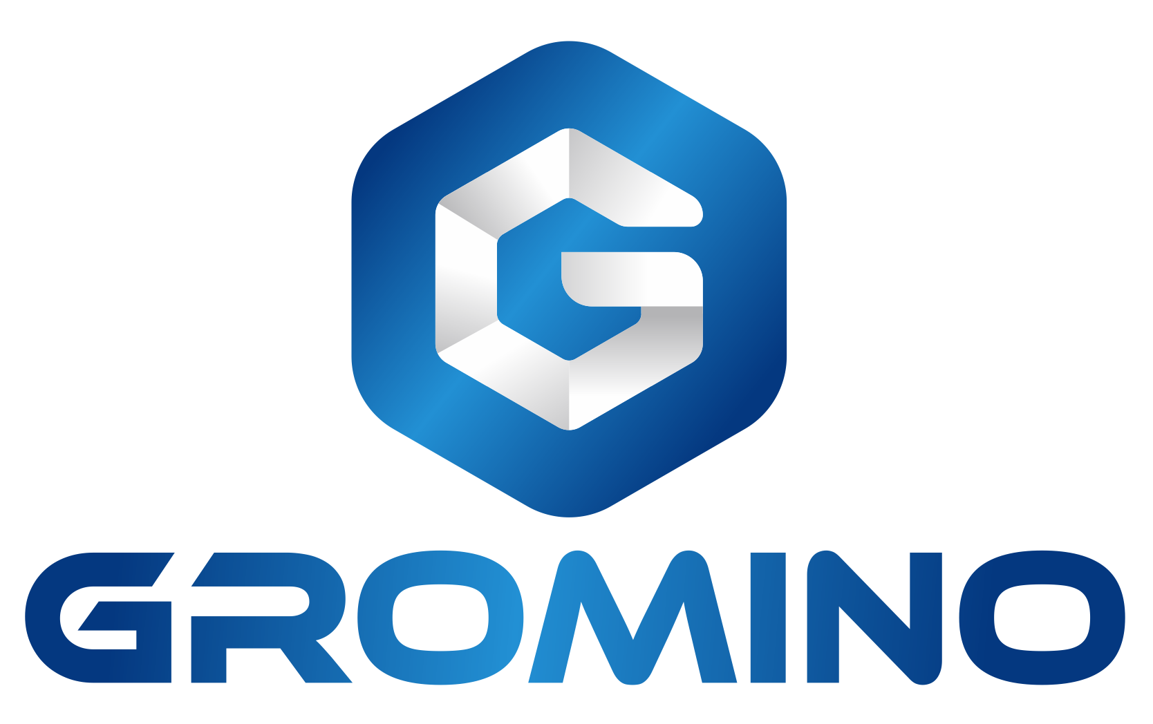 Logo GROMINO: biało-srebrna litera G w niebieskim heksagonie, pod spodem napis GROMINO.